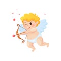 Cute cartoon Cupid with bow, arrow of love and hearts. Illustration for a Valentine`s Day